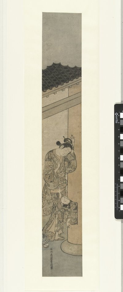 Woman looking at child crawling out of a hole in a pillar by Ishikawa Toyonobu