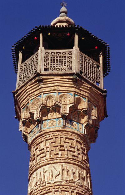 Elaborate brickwork at the top of the Semnan Minaret by Islamic School