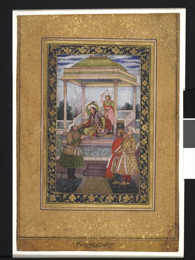 Emperor Jahangir in pavilion with attendants by Islamic School