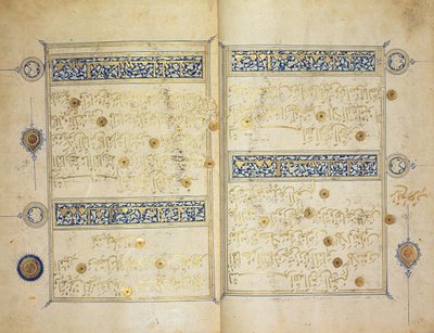 Illuminated pages of a Koran manuscript, Il-Khanid Mameluke School by Islamic School