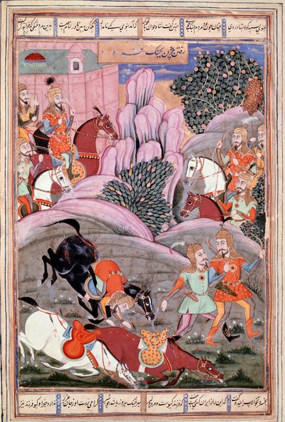 Bijene and Roham go to attack Firoud. Persian miniature from a manuscript of the epic poem 