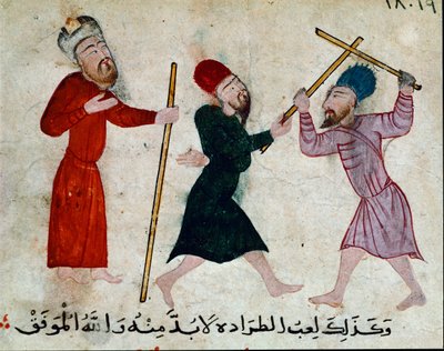 Islamic Art: Drawing on parchment from the period of Fatimid - Game of sticks - Painting on papyrus - Cairo, Museum of Islamic Art by Islamic School