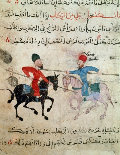 Islamic Art: Drawing on parchment from the period of Fatimid - Scene of duel between two horsemen - Painting on papyrus - Cairo, Museum of Islamic Art by Islamic School