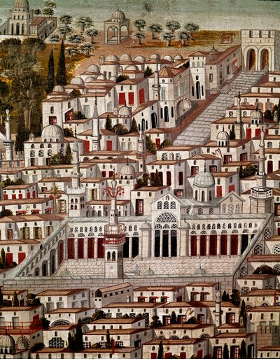 Islamic Art: View of Damascus with The Great Mosque of the Umayyads of Damascus (705-715). Anonymous Syrian painting of the 17th century by Islamic School