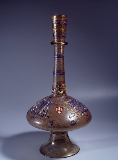 Islamic Art: bottle with long enameled glass neck of Vice King Tuquztemur, 1345 approx., from Egypt or Syria by Islamic School