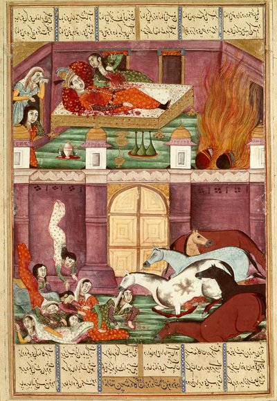 The death of Firoud and his mother Djerireh. Persian miniature from a manuscript of the epic poem 