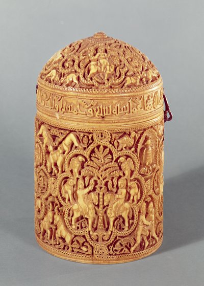 Pyx with a relief depicting the pleasures of courtly life, inscribed with the name Al-Mughira, son of the Caliph Abd-al-Rahman III, Umayyad Period, from Cordoba by Islamic School