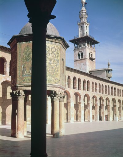 View of the Treasury and the North Minaret in the Courtyard, built in 705-715 AD by Islamic School