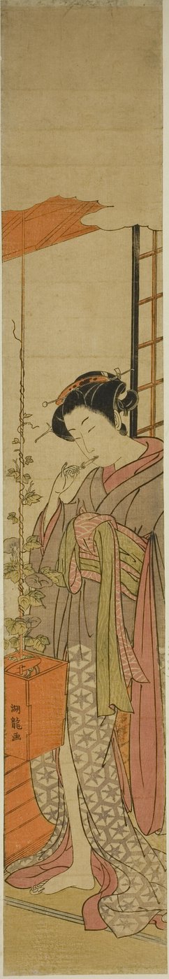Courtesan Admiring Morning Glories While Cleaning Her Teeth by Isoda Koryusai