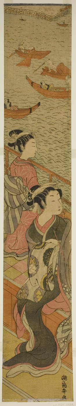 Courtesan and Her Attendant on a Balcony Overlooking River by Isoda Koryusai