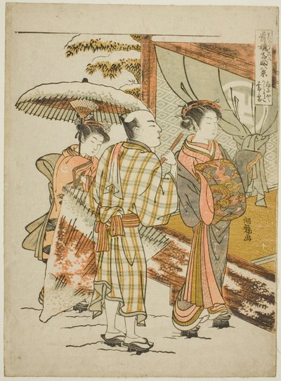 Karauta of the Ogiya in Evening Snow, from the series Eight Views of Famous Beauties of the Pleasure Quarters by Isoda Koryusai