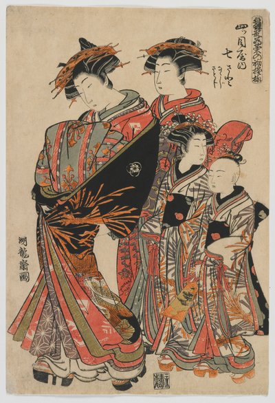 Models for Fashion: New Designs as Fresh Young Leaves: The Courtesan Nanasato of the Yotsumeya with Her Attendants Nanaji and Satoji by Isoda Koryusai