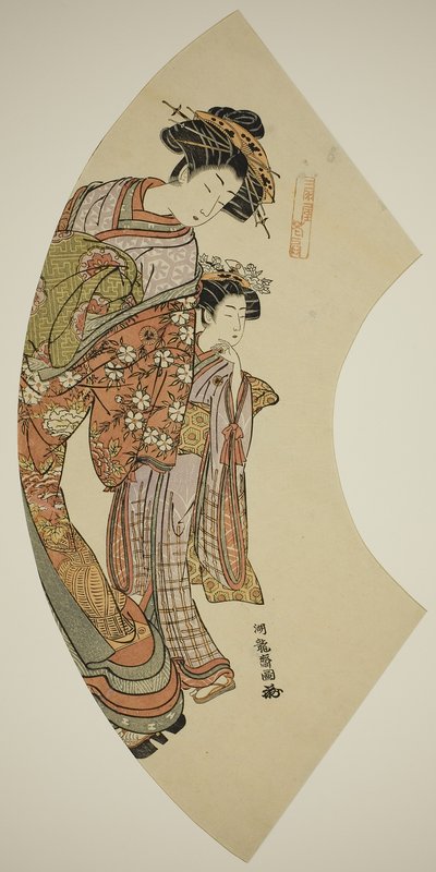 The Courtesan Hanaogi of the Ogiya and her attendant, from the series Fans of the East by Isoda Koryusai