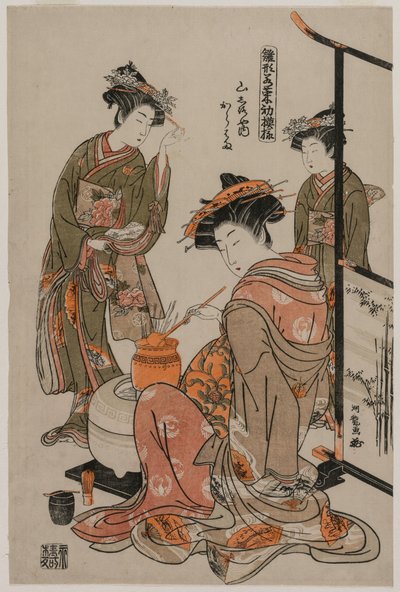 The Courtesan Karahama of Yamashiroya Performing the Tea Ceremony (from the series Models for Fashions: New Designs as Fresh as Young Leaves) by Isoda Koryusai