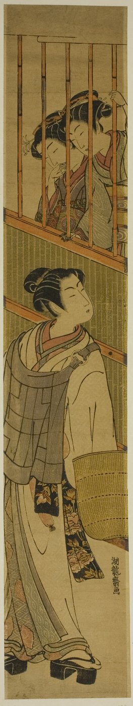 Two Young Women Looking Out at Young Man Dressed as Komuso by Isoda Koryusai
