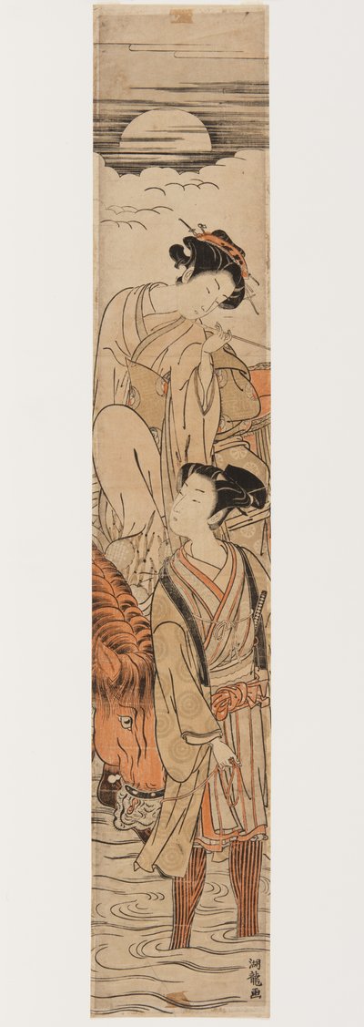 Young Couple Crossing a River in Moonlight by Isoda Koryusai