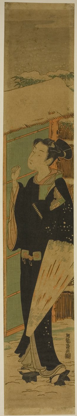 Young Man with Umbrella Knocking on Gate in Snow by Isoda Koryusai