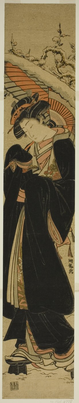 Young Woman with Umbrella Walking in Snow by Isoda Koryusai