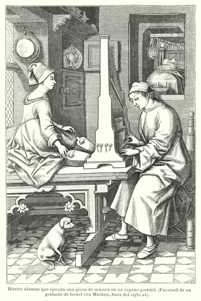 German musician playing a portable organ, late 15th Century by Israel van (after) Mecken