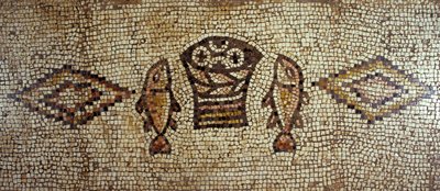 Byzantine mosaic depicting fish and loaves of bread by Israeli School