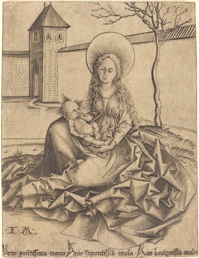 Virgin and Child in a Courtyard by Israhel van Meckenem after Martin Schongauer