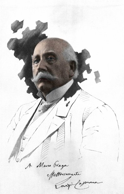 Portrait of Luigi Capuana, Italian writer. Photograph glued on drawing with dedication by Marco Praga by Italian Photographer