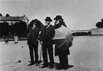 The composer Giuseppe Verdi (1813-1901), the architect Camillo Boito (1836-1914) and Noseda during the visit of the works of the rest house for composers (Casa di Riposo per Musicisti) around 1898 in Buonarroti Square in Milan by Italian Photographer