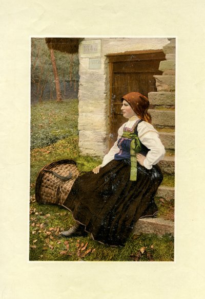 Woman Wearing Traditional Costume with Large Basket on Ground Beside Her, Sabbia, Piedmont, Photograph by V M by Italian Photographer