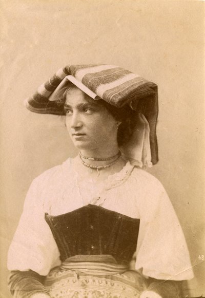 Young Woman Wearing Traditional Dress and Headpiece, Roman Countryside, Lazio, Italy, ca 1905 by Italian Photographer