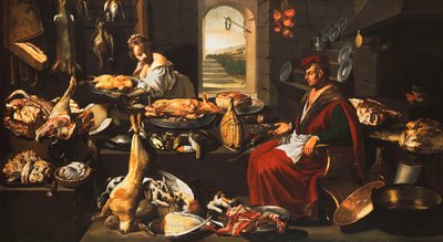 A Cook in a Well-Stocked Kitchen with a Serving Woman by Italian School