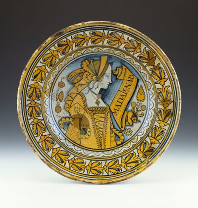 A Deruta Blue and Gold Lustred Portrait Dish Depicting a Young Woman in Profile, c.1525 by Italian School