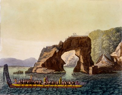 A Maori fortified look out point in New Zealand, combined with Maori War Canoe, 1820s-30s by Italian School