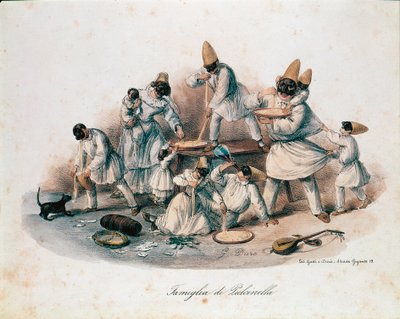 A family of Pulcinella devouring pasta by Italian School