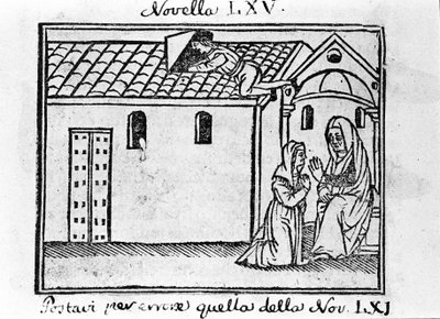 A jealous husband disguises himself as a priest to collect the confession of his adulterous wife. Illustration for the story 65 (Story 5 of the seventh day) of the 