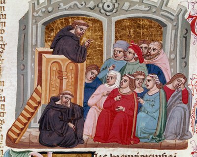 A predicator addressing a crowd of fideles. Miniature from 