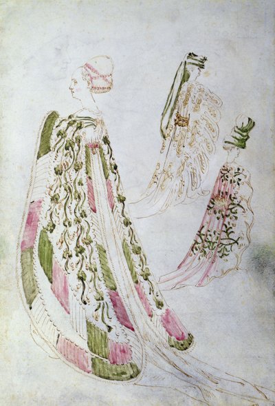 A woman and two men wearing long coats, c.1450 by Italian School