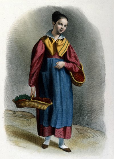 A young wandering strawberry saleswoman. Milanese metier engraving of Locarno from 1830 by Italian School