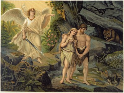 Adam and Eve chased out of earthly Paradise (Eden) by the Archangel - in Aurea Bibbia Classica: Storia della Rivelazione Divina nell