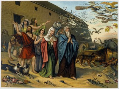 After the flood, Noah, his family and animals come out of the ark - in “Aurea Bibbia classica: storia della rivelazione divina nell