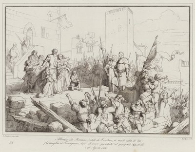 Alberico da Romano, Brother of Ezzelino, Surrenders with His Family to the Trevigiani (engraving) by Italian School