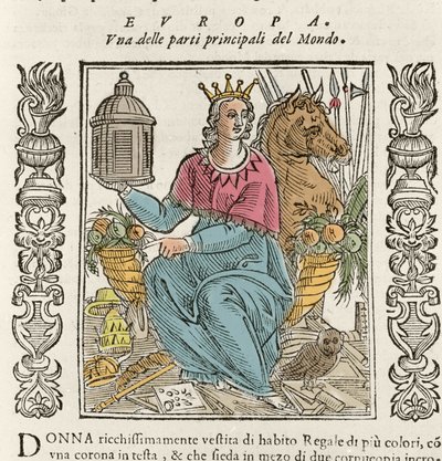 Allegory of Europe in the form of a richly clothed woman, crowned, surrounded by horns of abundance. Plate taken from 