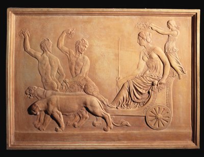 An Italian terracotta relief panel depicting the Triumph of Ariadne, shown in Bacchus