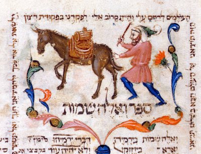 An Olive oil merchant travelling in Tuscany, illustration from the Torah, 1398 by Italian School