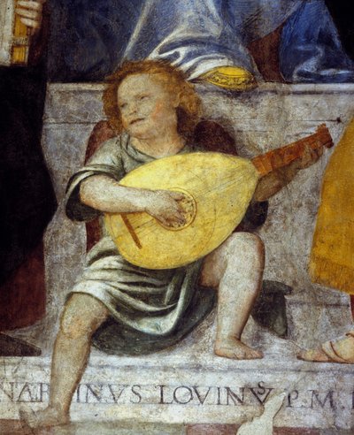 Angel musician playing lute. (detail) by Italian School
