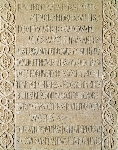 Archaeology of the Middle Ages. Barbarian Art of Lombardy: tombstone of Queen Ragnetrude dates from 740-750. Lombard art. Pavia, Civic Museum, Archaeological Section by Italian School