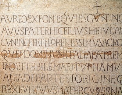 Archaeology of the Middle Ages: Barbarian Art of Lombardy: Tombstone of King Cunipert. 678-700. Pavia, Civic Museum, Archaeological Section by Italian School