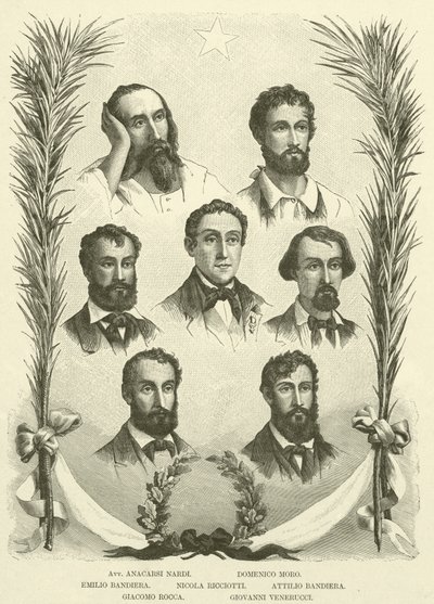 Anacarsi Nardi, Domenico Moro, Emilio Bandiera, Nicola Ricciotti, Attilio Bandiera, Giacomo Rocca, Giovanni Venerucci (engraving) by Italian School