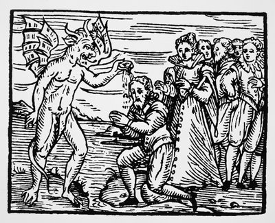 Baptism by the Devil, copy of an illustration from Compendium Maleficarum by Fr M Guaccius, used in History of Magic by Italian School