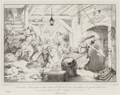Bellisandra Maraviglia, Fallen Slave of the Turks, Sets Fire to the Gunpowder on the Ship (engraving) by Italian School