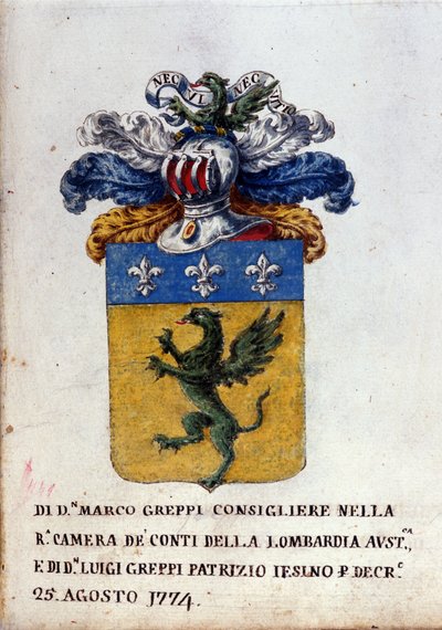 Blason of the Greppi family of Milan, helmet, fleur-de-lis and dragon. 18th century State Archive of Milan by Italian School